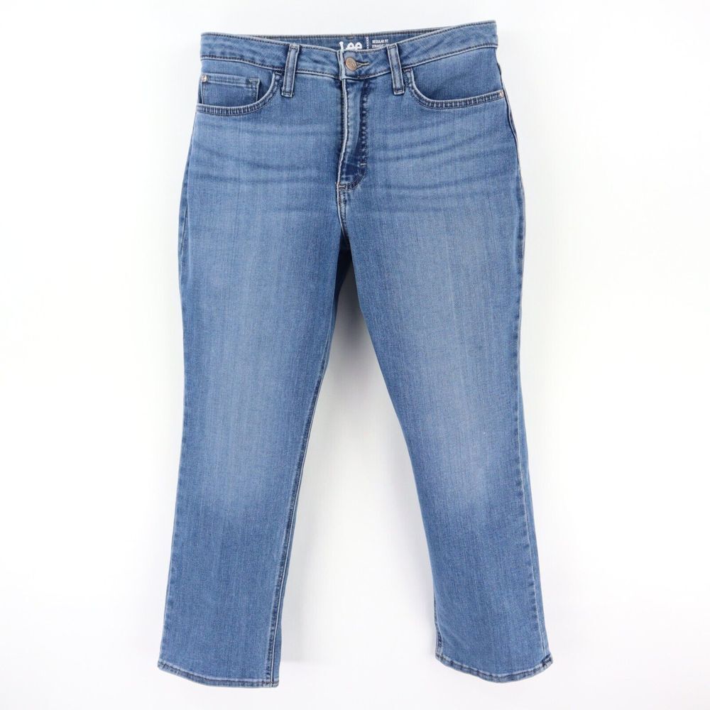 Lee Jeans Mid Rise Straight Leg Womens Size 12P Blue Faded Cotton Blend Denim